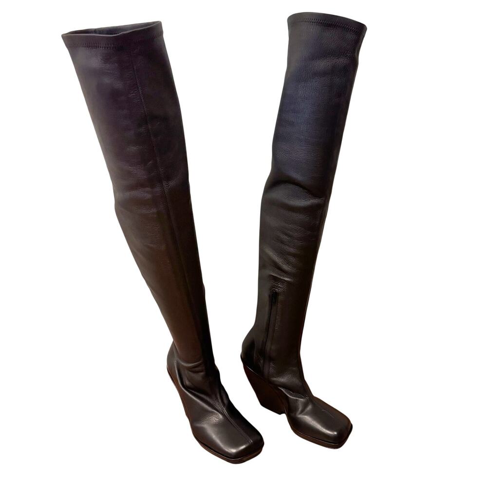 Khaite Morgan Over The Knee Boots Black Leather Wedge Heel Size 40
